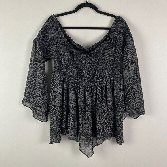 Torrid Smocked Blouse Size 2X Black Mesh Blouse Top Tulle Peplum Flare Sleeve - Picture 1 of 11
